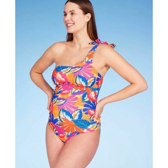 Isabel Maternity Asymmetric Tie Shoulder One Piece Maternity Swimsuit Floral Med - Picture 1 of 6